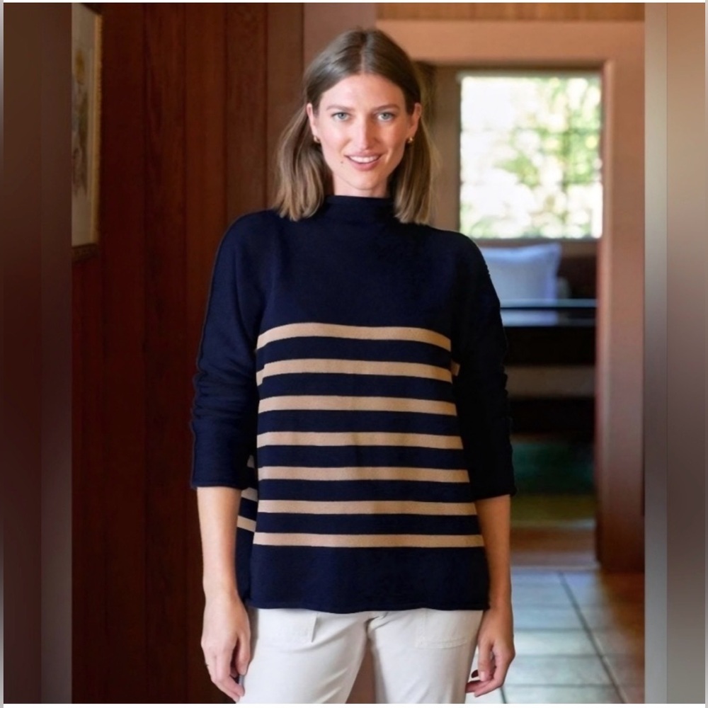 NWT Frank & Eileen Monterey Rolled Funnel Neck Sweater Navy Camel Stripe Size XL